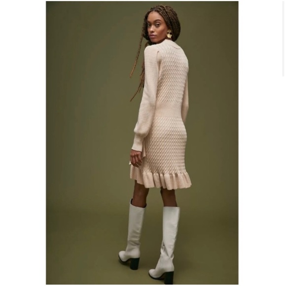 Anthropologie Flat White Cable Knit Cream Ruffle Sweater Dress NWT SZ XL - Picture 2 of 12